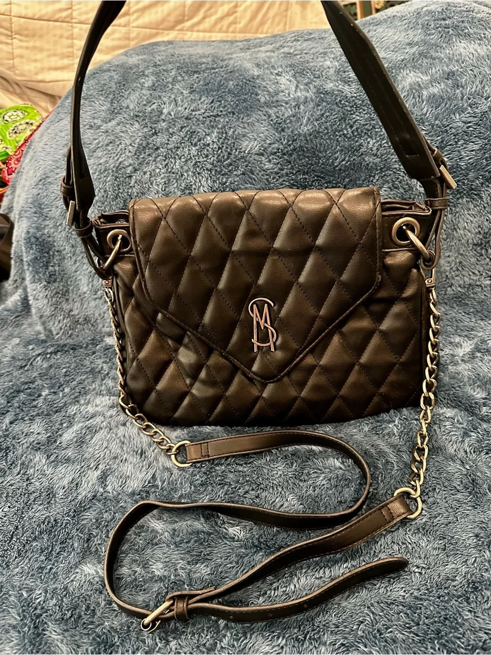 Steve Madden Quilted Black Shoulder Bag with Removable Chain Strap